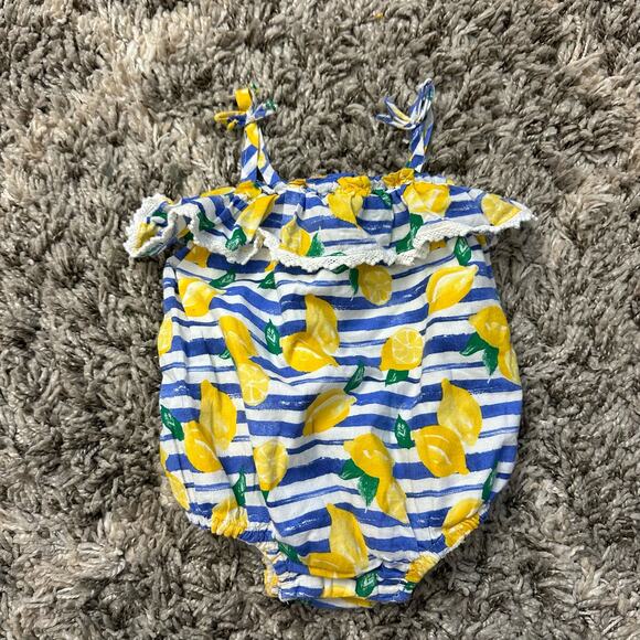 Dylan & Abby Stripe Lemon Print Ruffle Bubble Romper Baby Girl 6-9 Months - Picture 2 of 7